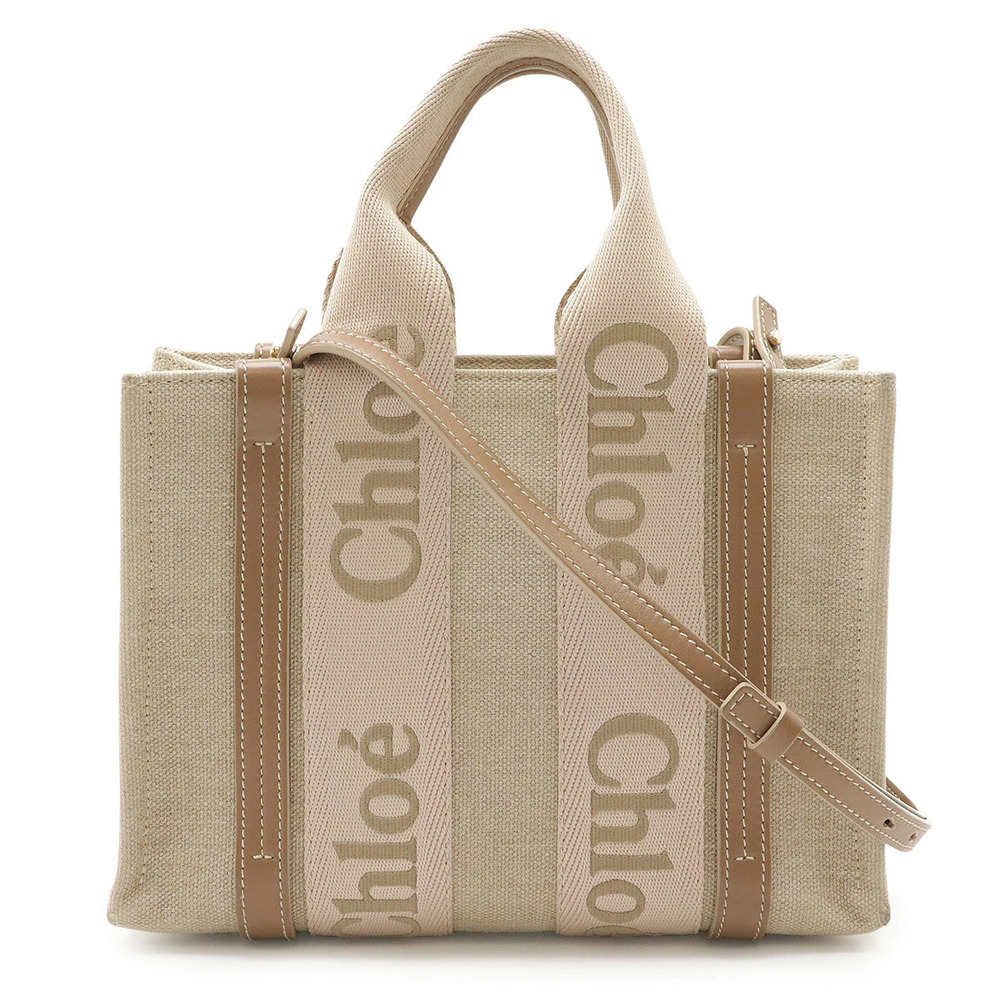 Chloe Woody 2way Shoulder Bag Canvas Leather Beige Cream Pink Brown